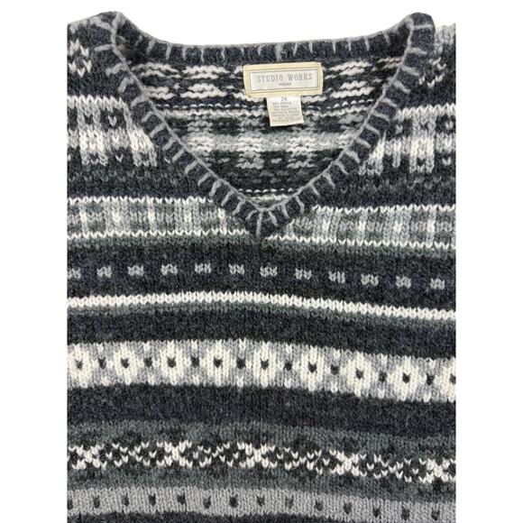 Studio Works Chunky Nordic Sweater Wool Blend 2X Gray Stripe Fair Isle V-Neck - Picture 3 of 8